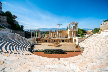Ancient Roman Theatre in Plovdiv, Bulgaria at sunset"